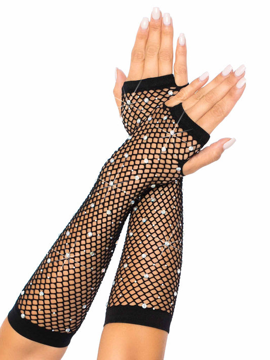 Rhinestone fishnet arm warmers