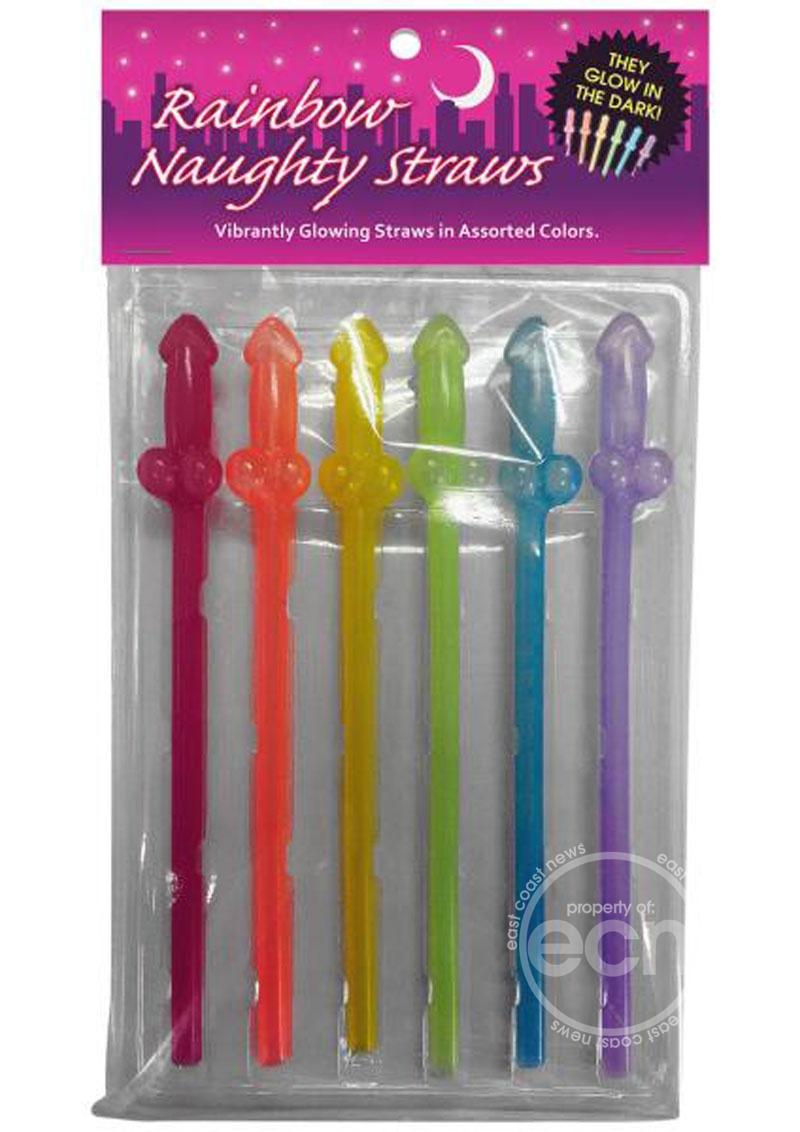 Rainbow Naughty Straws Glow In The Dark Penis Shaped Assorted Colors (6 per pack)