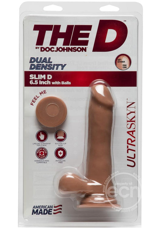 The D Slim D Ultraskyn Dildo with Balls 6.5in - Caramel