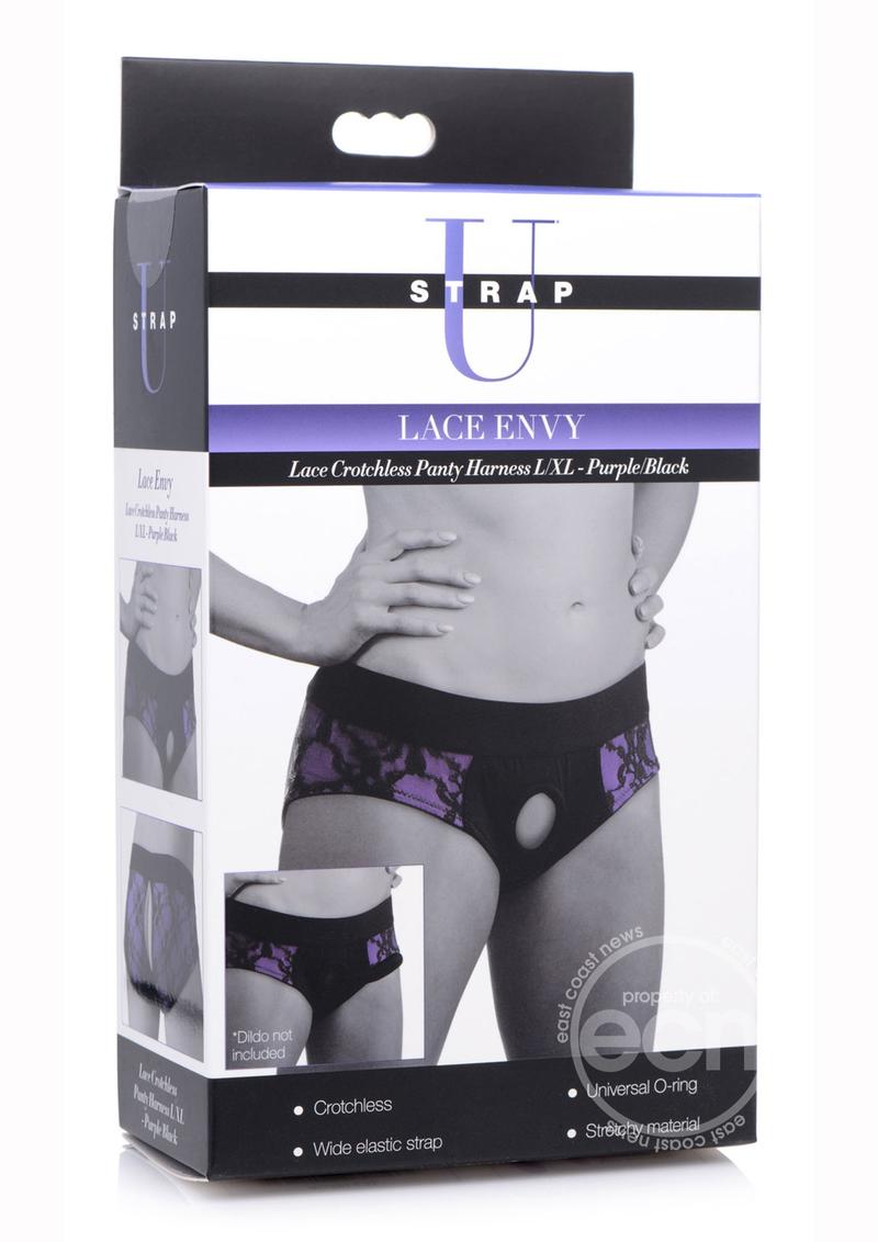 Strap U Lace Envy Lace Crotchless Panty Harness - Large/XLarge - Purple/Black