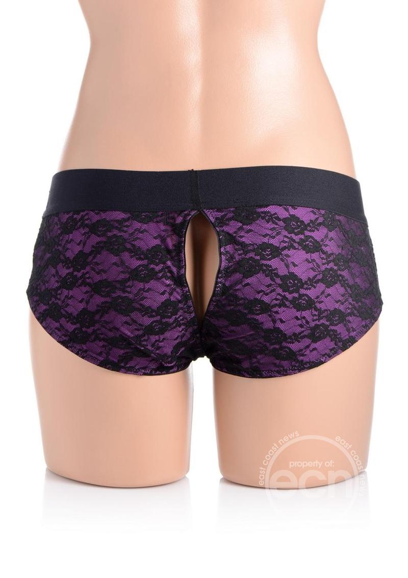 Strap U Lace Envy Lace Crotchless Panty Harness - Large/XLarge - Purple/Black