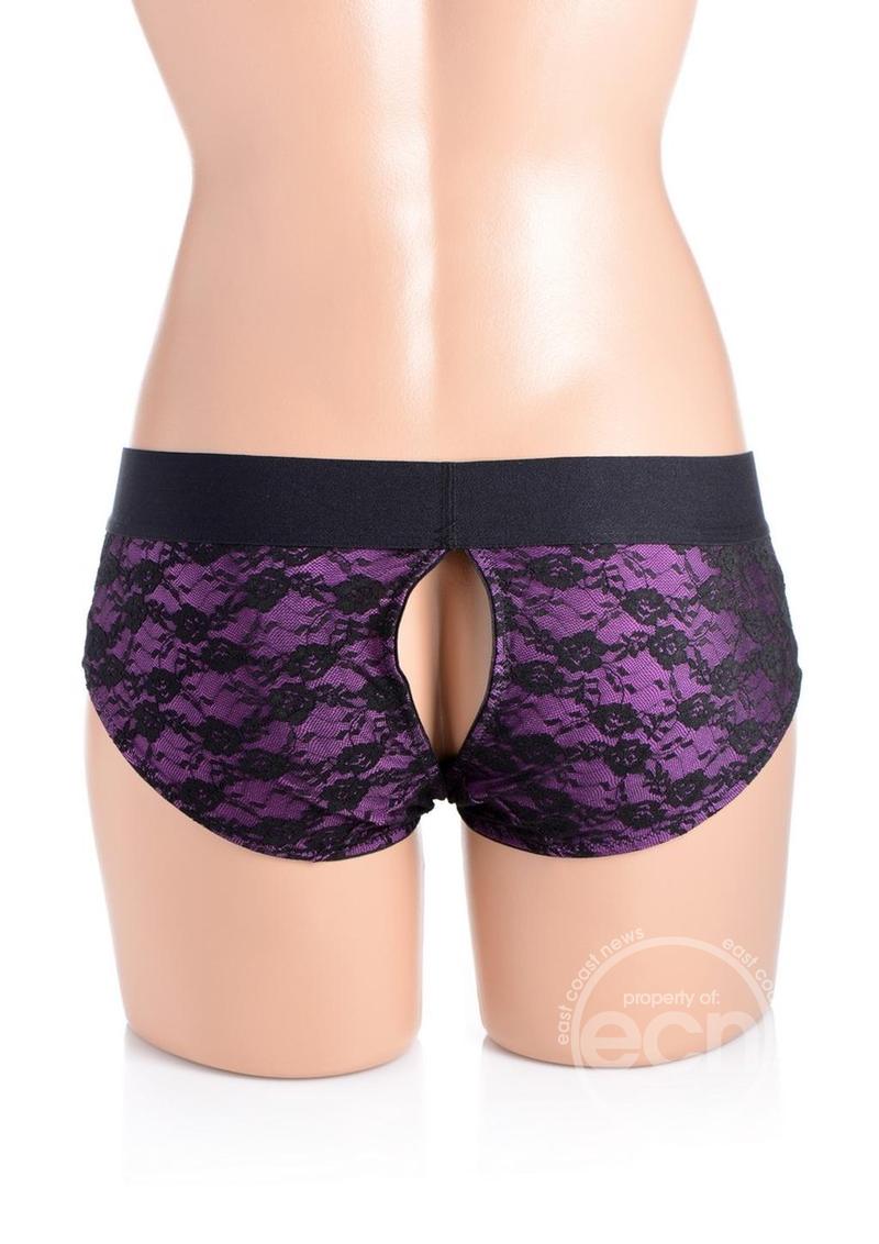 Strap U Lace Envy Lace Crotchless Panty Harness - Small/Medium - Purple/Black