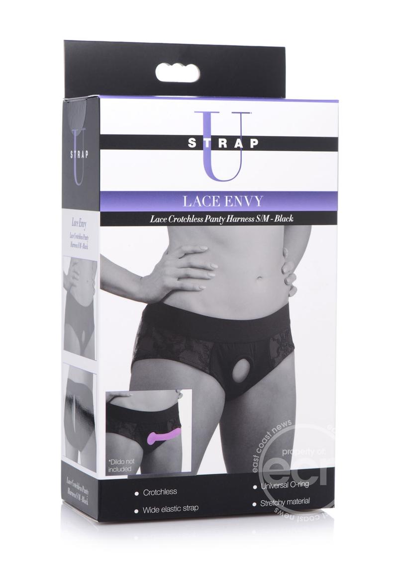 Strap U Lace Envy Black Crotchless Panty Harness - S/M - Black