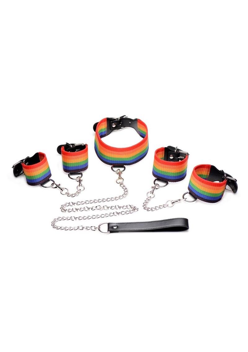 Kinky Pride Rainbow Bondage Set - Wrist/Ankle Cuffs & Collar with Leash