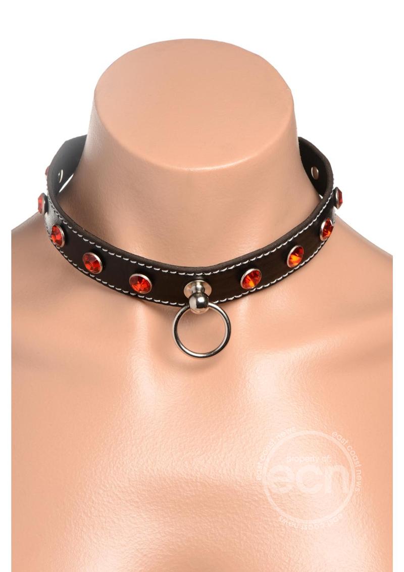 Strict Rhinestone Choker with O-Ring - Red