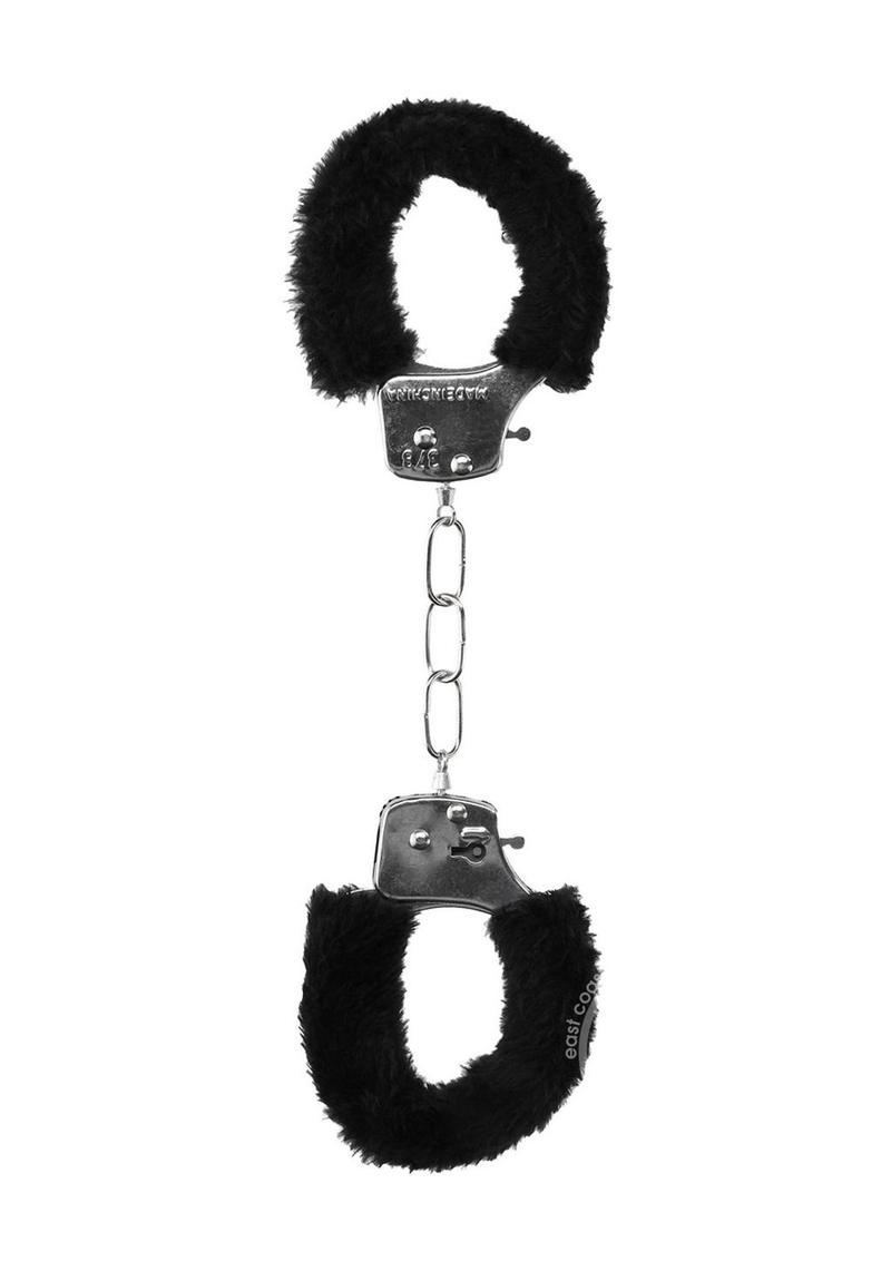 Ouch! Beginner's Furry Hand Cuffs with Quick Release Button - Black