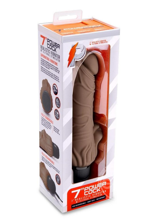 Powercocks Silicone Realistic Vibrator with Clitoral Stimulator 7in - Chocolate