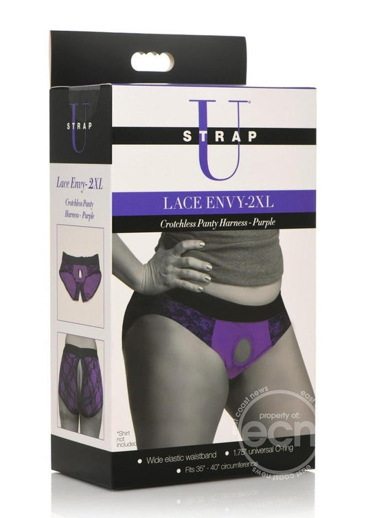 Strap U Lace Envy Lace Crotchless Panty Harness - XXLarge -Purple/Black