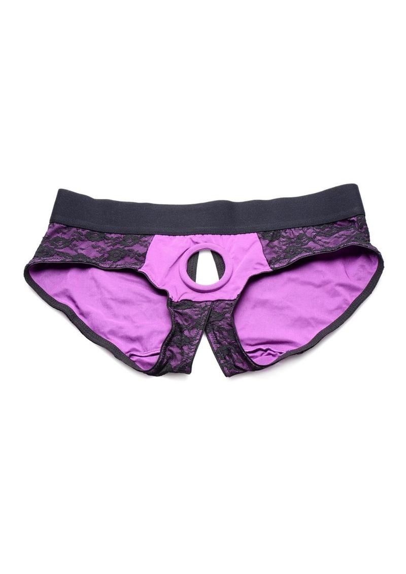 Strap U Lace Envy Lace Crotchless Panty Harness - XXLarge -Purple/Black