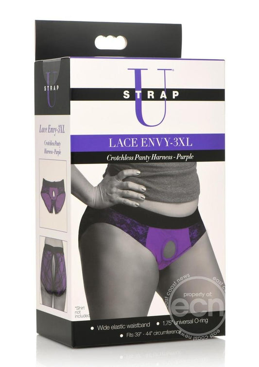 Strap U Lace Envy Lace Crotchless Panty Harness - XXXLarge -Purple/Black