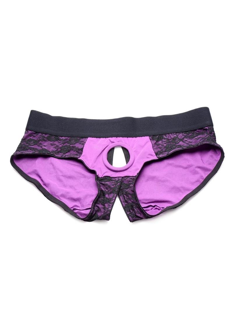 Strap U Lace Envy Lace Crotchless Panty Harness - XXXLarge -Purple/Black