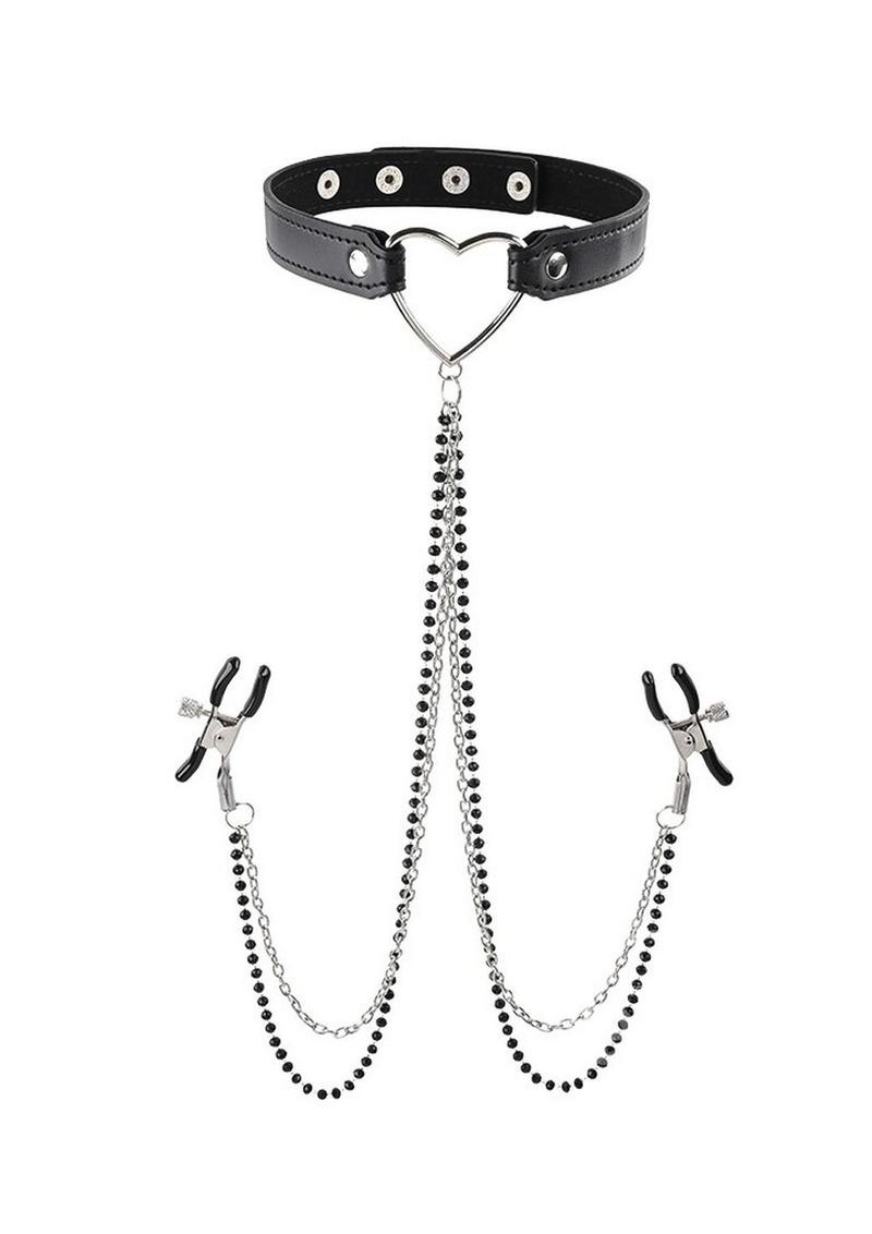 Sex & Mischief Amor Collar with Nipple Clamps - Black/Silver