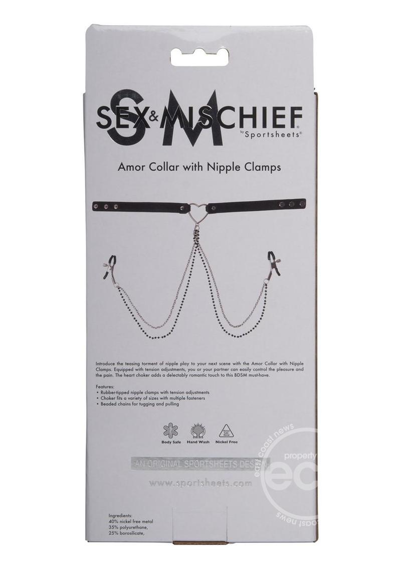 Sex & Mischief Amor Collar with Nipple Clamps - Black/Silver