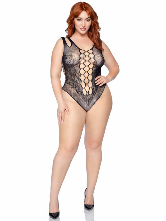 Seamless net and lace bodysuit with dual shoulder straps